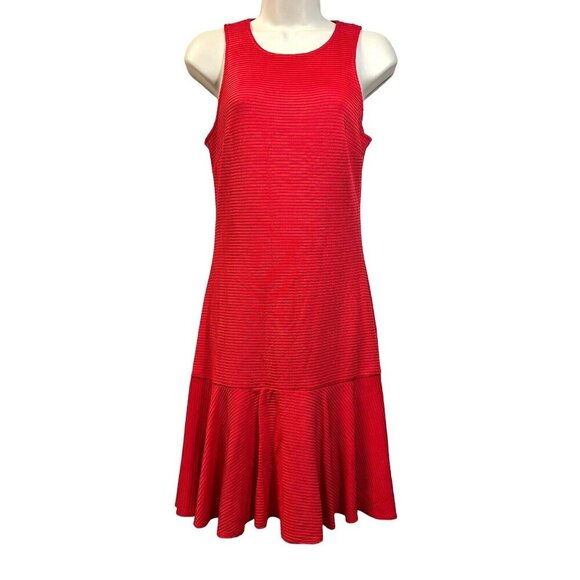 Trina Turk Ribbed Flounce Drop Waist Dress Red Sleeveless Keyhole Size 4‎ NWT - Picture 5 of 12